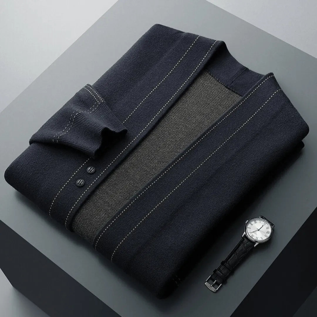 Modern men's knit button-front cardigan, an essential smart casual layering piece for versatile everyday wear.