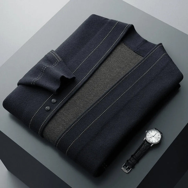 Modern men's knit button-front cardigan, an essential smart casual layering piece for versatile everyday wear.