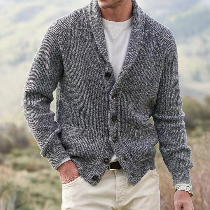 Men's knit cardigan featuring a sophisticated shawl collar, perfect for timeless men's fashion and layering.