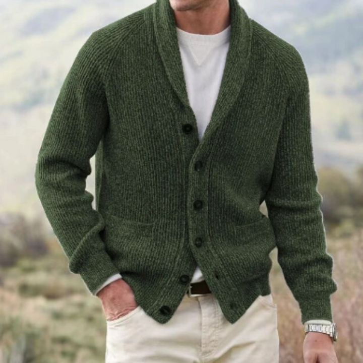Stylish men's button-up knit cardigan, long sleeve, with a classic shawl collar for versatile fall fashion.