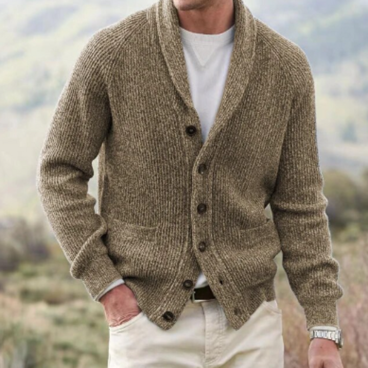 Comfortable men's knit sweater cardigan with a distinctive shawl collar, great for winter and spring layering.