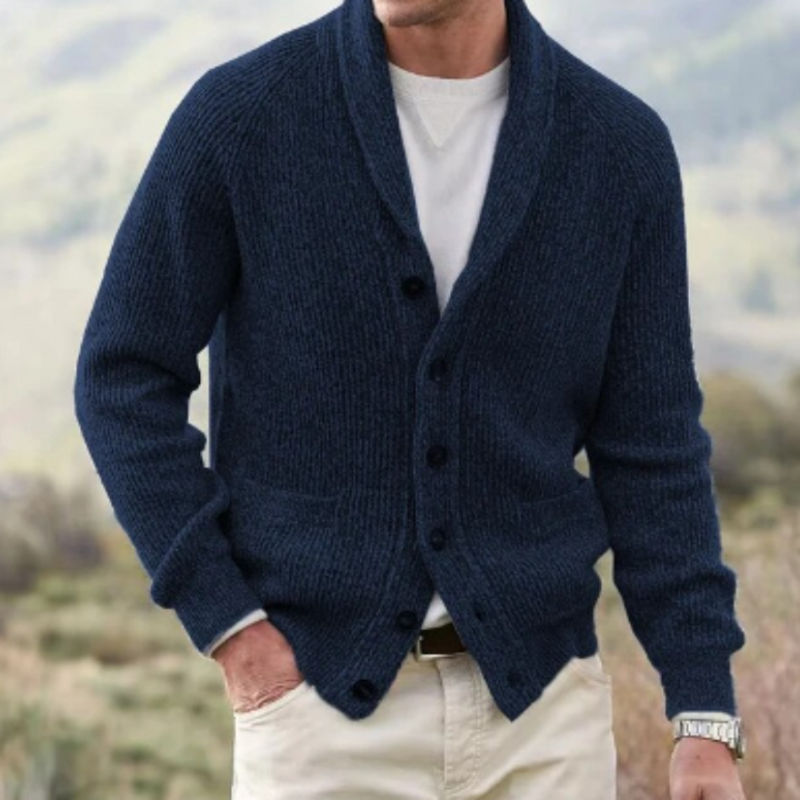 Timeless mens knit cardigan with a luxurious shawl collar, essential for casual & smart casual mens style.