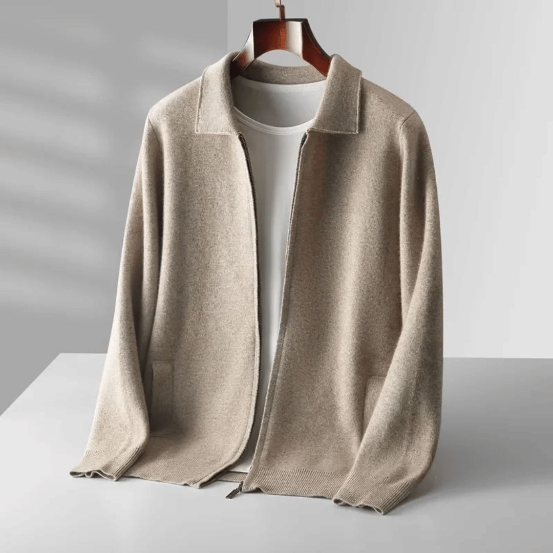 Men's knit cardigan: Stylish zip-up collared cardigan for smart casual layering and all-season men's fashion.