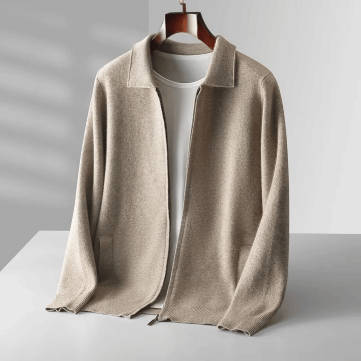 Men's knit cardigan: Stylish zip-up collared cardigan for smart casual layering and all-season men's fashion.