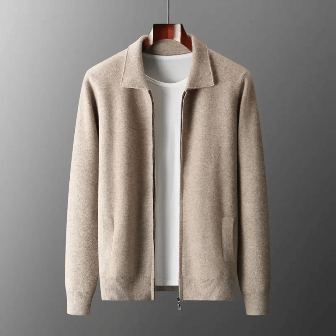 Comfortable knit jacket: Close-up of men's modern knit cardigan, showcasing soft texture and relaxed fit for casual wear.