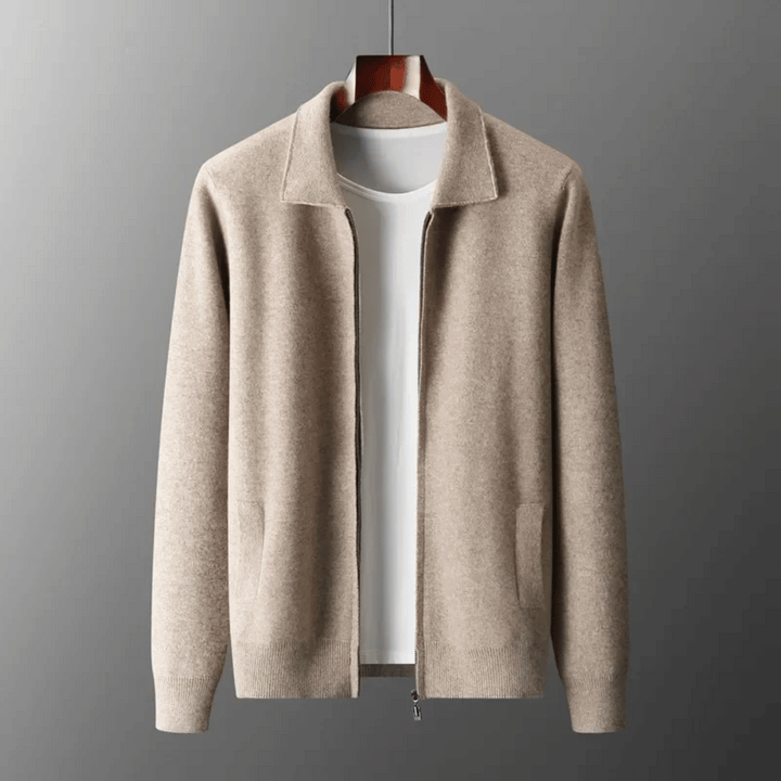 Comfortable knit jacket: Close-up of men's modern knit cardigan, showcasing soft texture and relaxed fit for casual wear.