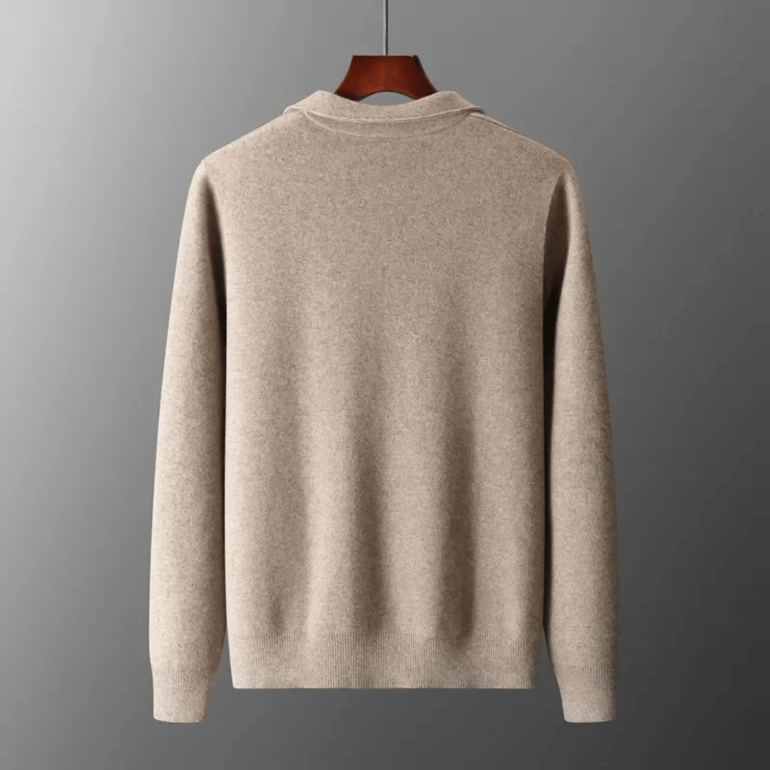 Smart casual cardigan: Man in a stylish collared zip-up knit cardigan, perfect all-season outerwear for modern layering.