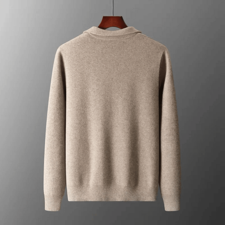 Smart casual cardigan: Man in a stylish collared zip-up knit cardigan, perfect all-season outerwear for modern layering.