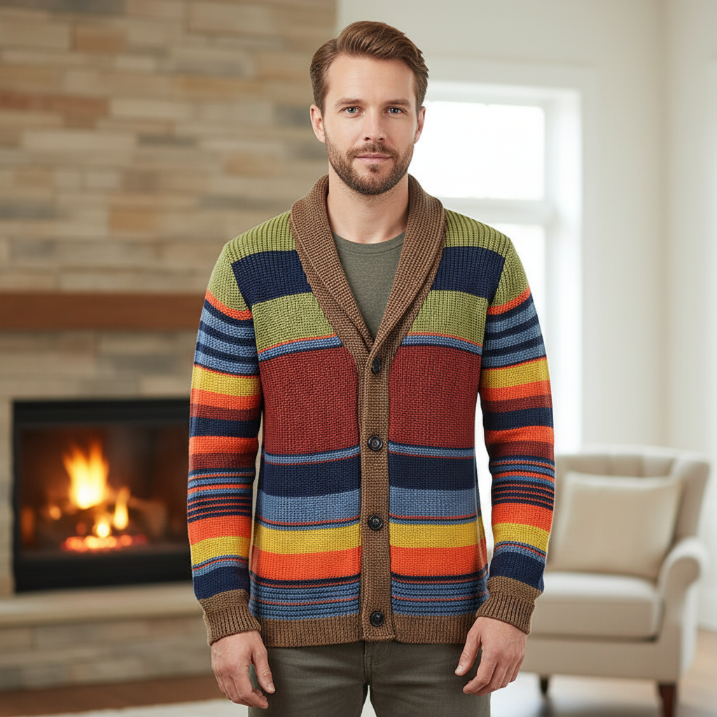 Men's knit cardigan with geometric pattern, wool blend, button-front, perfect for autumn fashion