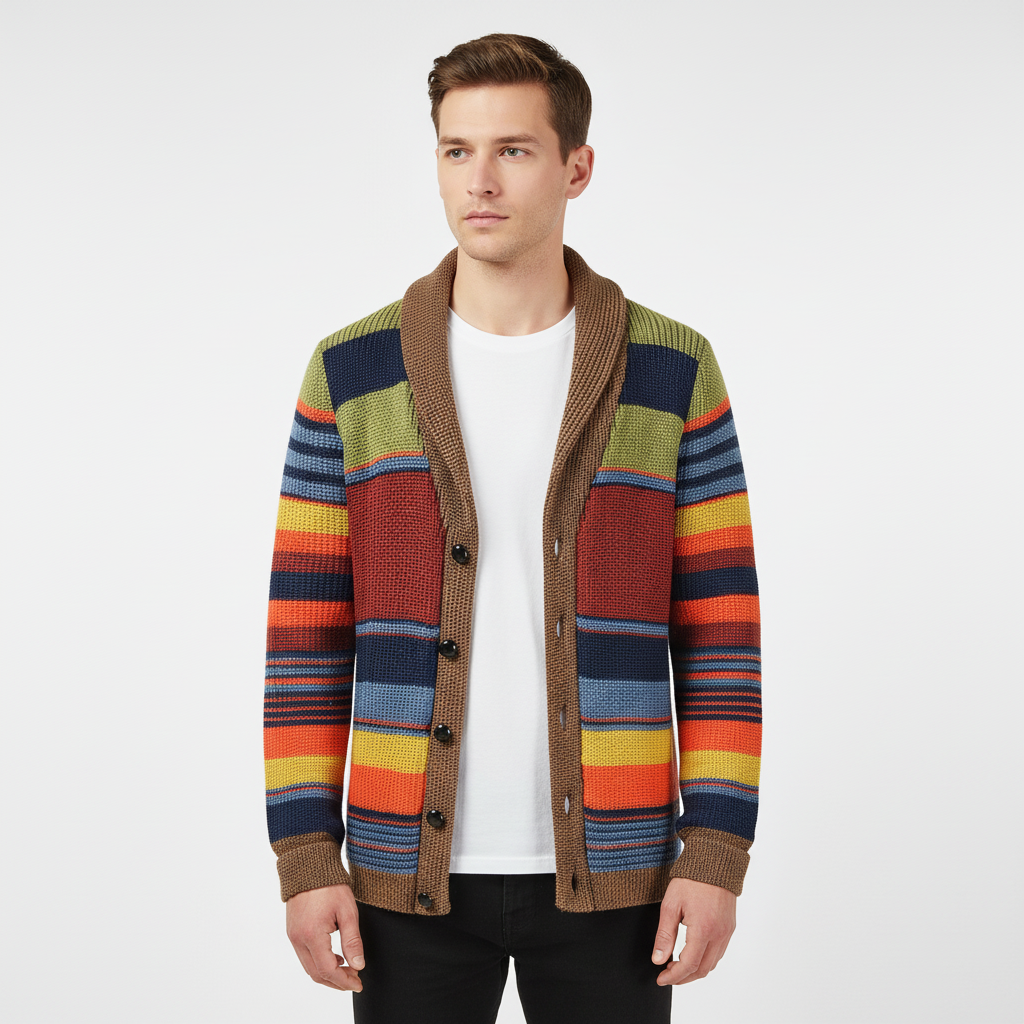 Warm men's geometric knit cardigan sweater, wool blend, ideal winter wear and casual warmth