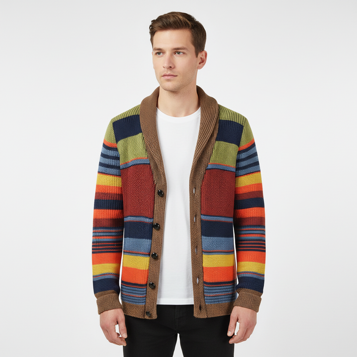 Warm men's geometric knit cardigan sweater, wool blend, ideal winter wear and casual warmth