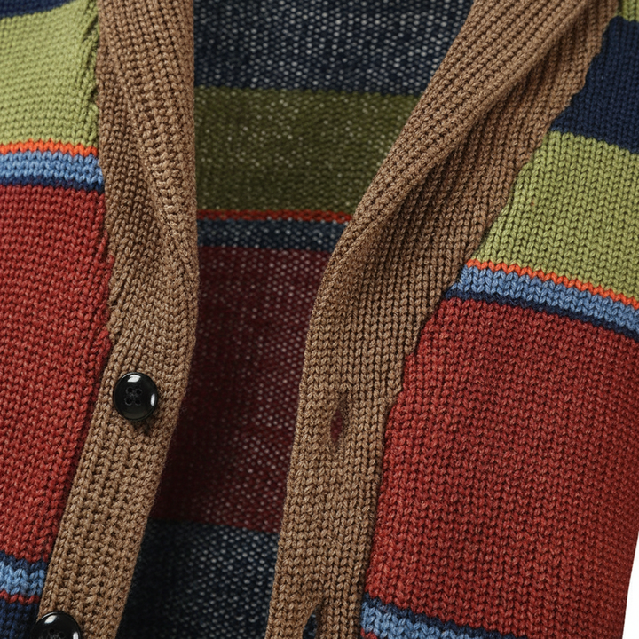 Close-up of men's button-front cardigan, featuring intricate geometric knit pattern and wool blend