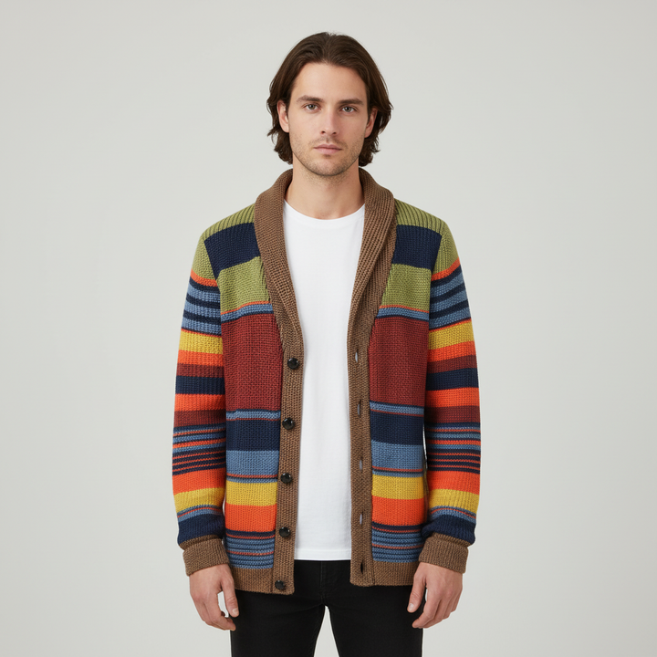 Stylish men's geometric knit cardigan, warm layer for autumn/winter, featuring unique pattern