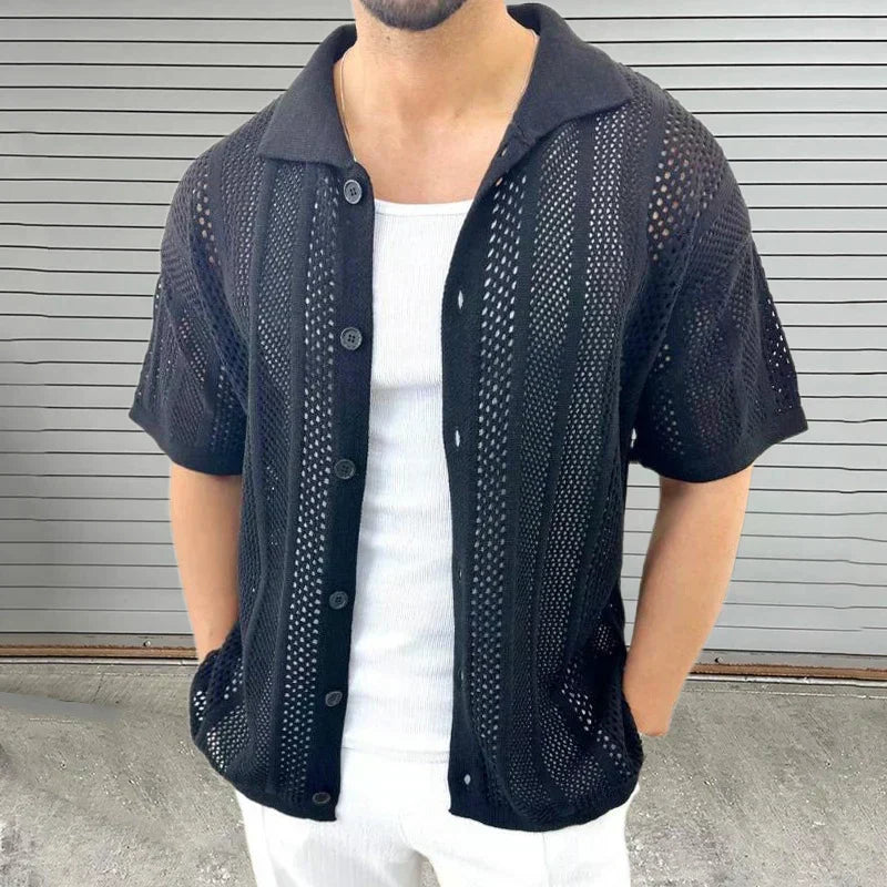Close-up of the breathable knit fabric and classic collar on a men's short sleeve casual shirt