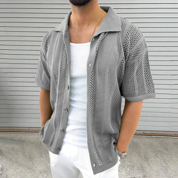 Front view of a men's comfortable knit collared shirt, ideal for everyday casual wear and men's style