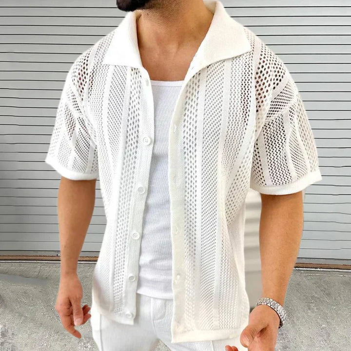 Detail shot of the knit texture and button-up classic collar on men's casual short sleeve top
