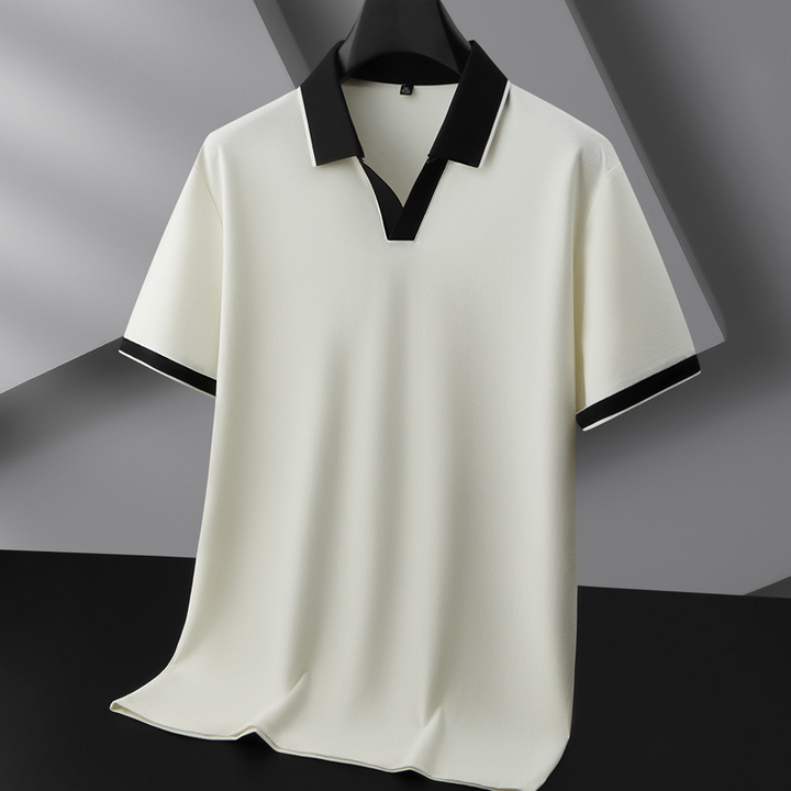 Men's knit polo shirt, comfortable stretch fabric, contrast collar, perfect for business casual and everyday wear.