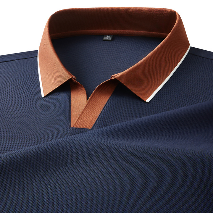 Premium men's casual knit polo shirt, designed for comfort and style. Features a stylish contrast collar for an elevated look.