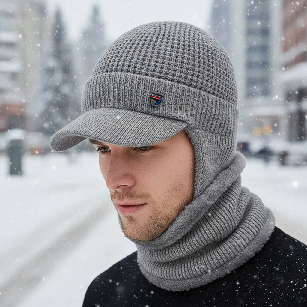 Men's knitted winter beanie with brim, warm cotton blend, FrostVisor