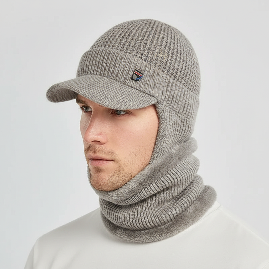 Close-up of a men's knitted beanie with a sturdy brim for winter fashion