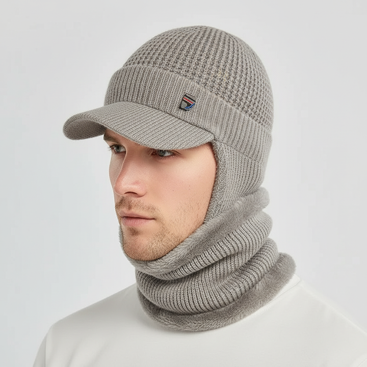 Close-up of a men's knitted beanie with a sturdy brim for winter fashion