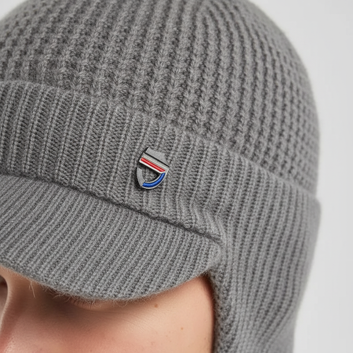 Stylish men's winter cap, knitted texture, featuring a protective brim