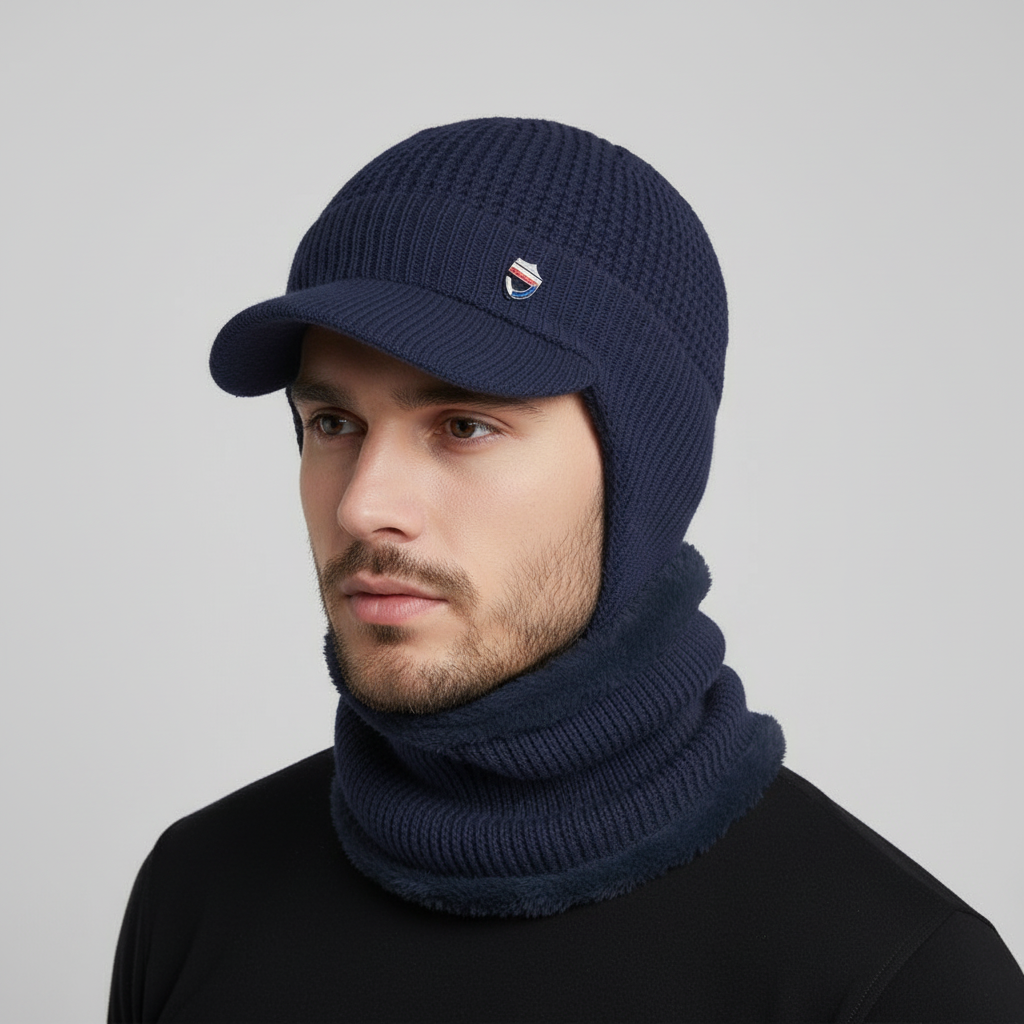 Unisex knitted beanie for cold weather, dark color, with an integrated brim