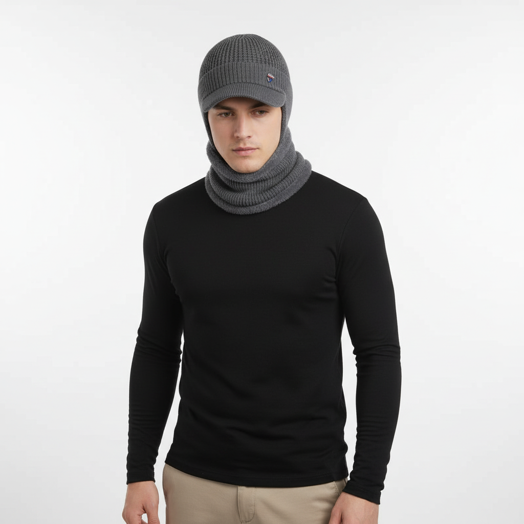 Side view of a men's warm beanie, showing the knitted pattern and brim detail