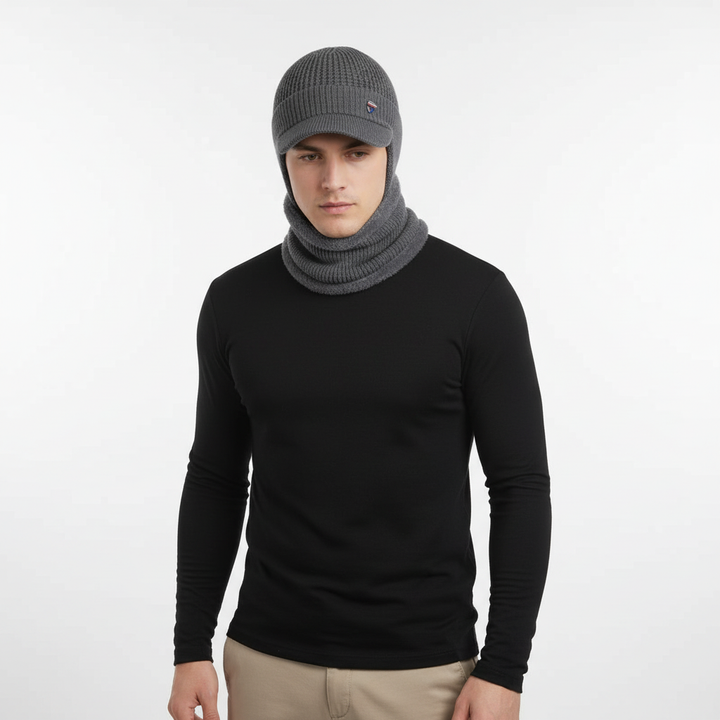 Side view of a men's warm beanie, showing the knitted pattern and brim detail