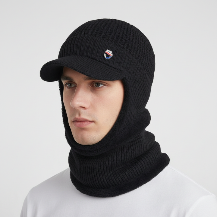 Comfortable men's knitted winter hat with brim, ideal for cold weather activities