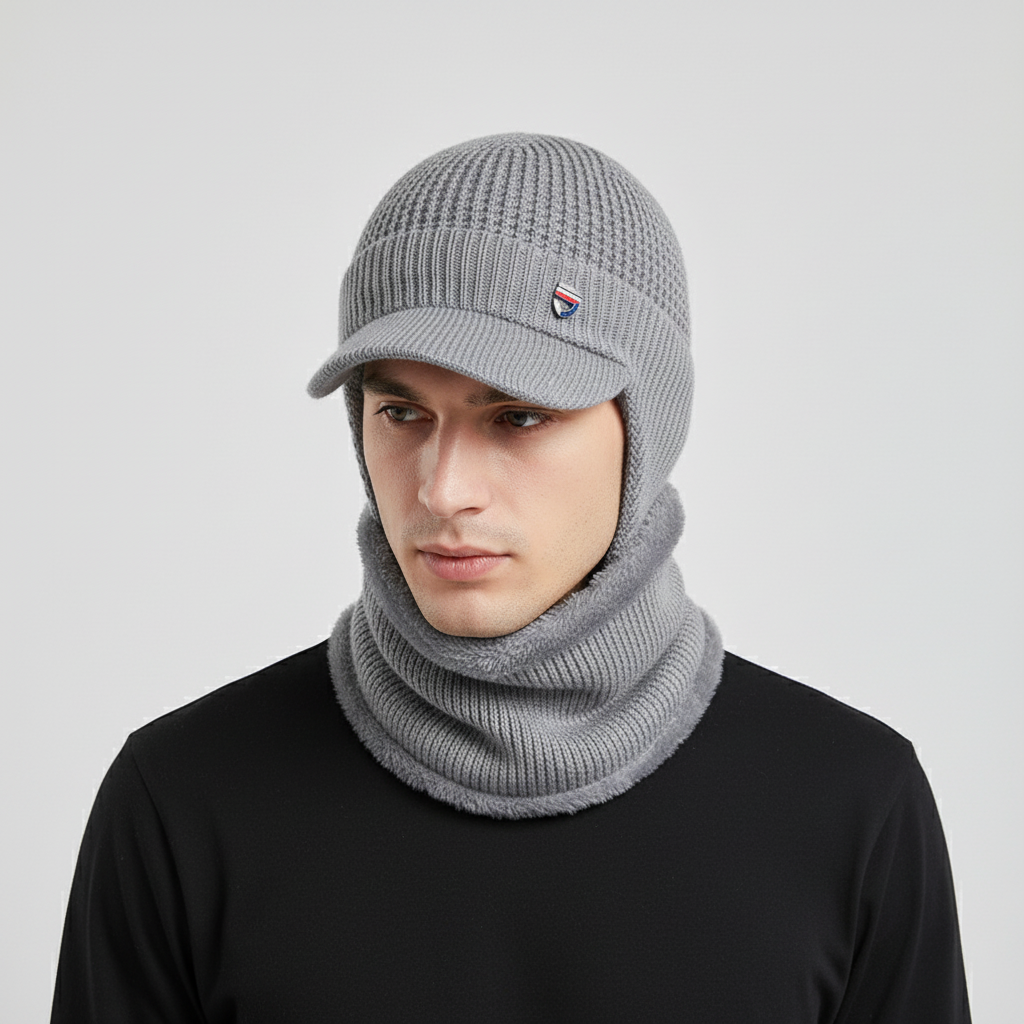 Front view of the FrostVisor men's knitted beanie, suitable for winter outings