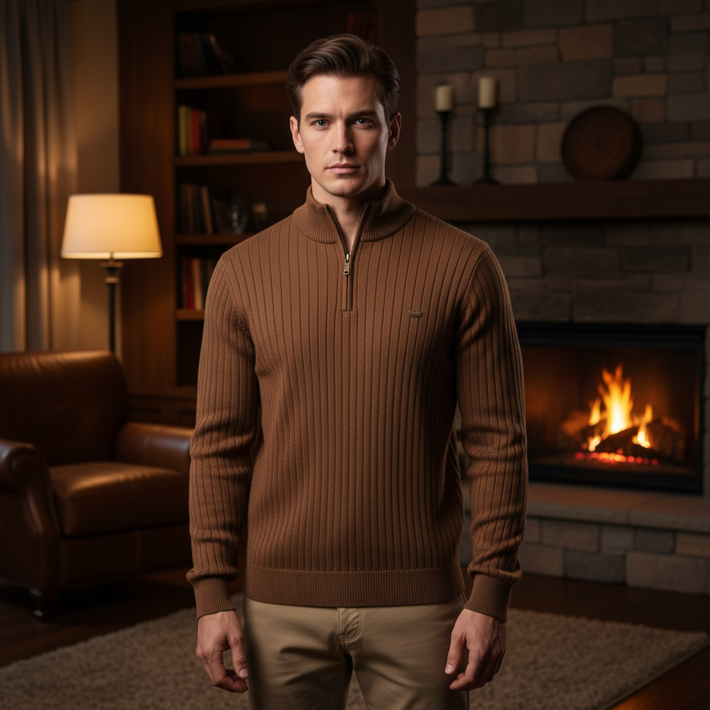 Men's knitted zip collar sweater, a warm casual cotton blend pullover for winter wear