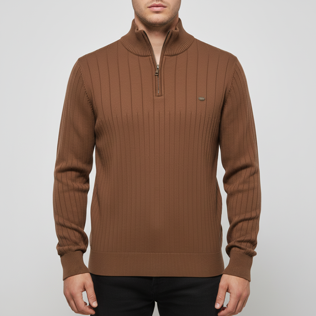 Close-up of the zip collar on a men's knitted sweater, a stylish long sleeve casual top