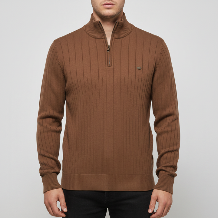 Close-up of the zip collar on a men's knitted sweater, a stylish long sleeve casual top