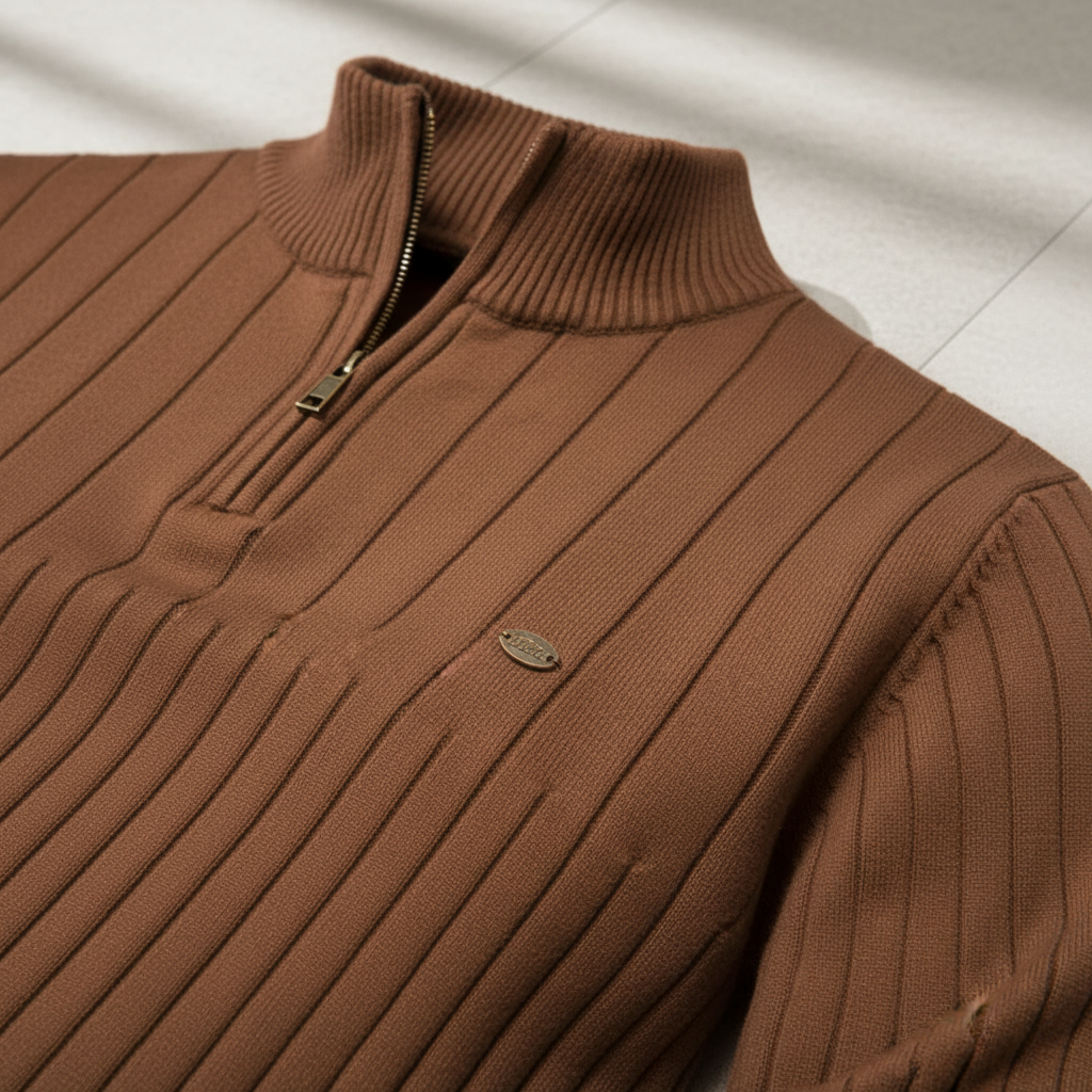Full shot of a man wearing a grey knitted zip collar sweater, ideal for men's fashion
