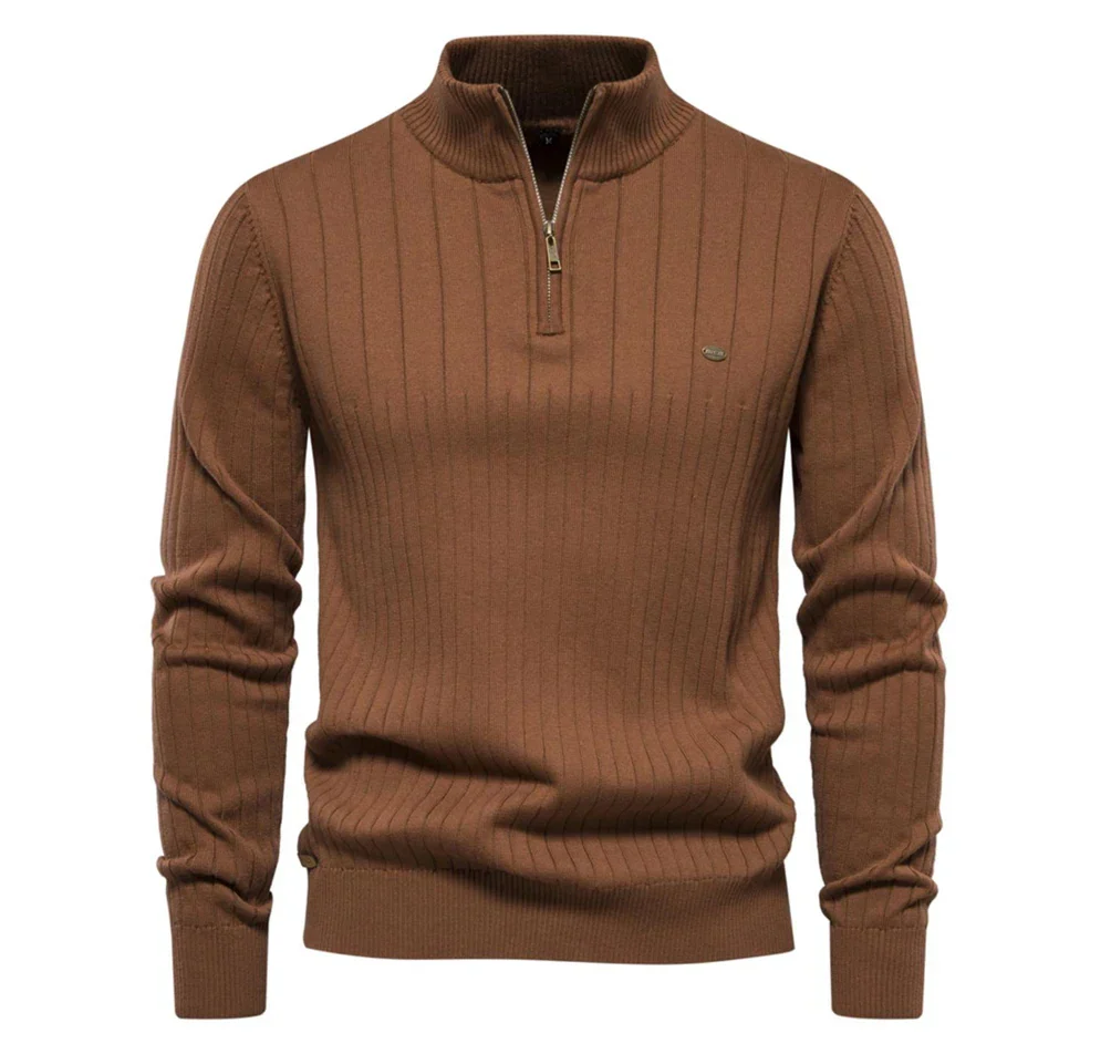 Detail of the knitted texture on the men's long sleeve cotton blend pullover, a warm winter top