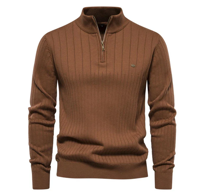 Detail of the knitted texture on the men's long sleeve cotton blend pullover, a warm winter top