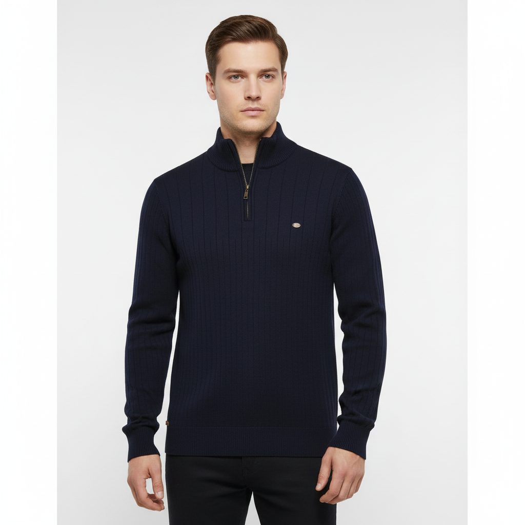 Front view of the men's zip collar knitted sweater, a versatile all-season mens top