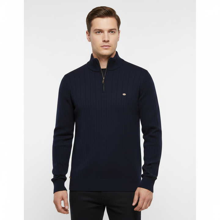 Front view of the men's zip collar knitted sweater, a versatile all-season mens top