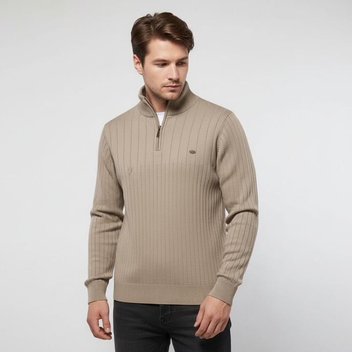Side view of a men's casual long sleeve knitted pullover with zip collar, perfect for winter