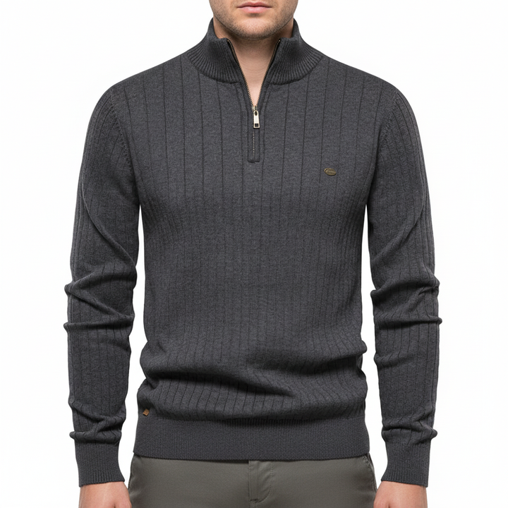 Men's fashion: a knitted zip collar sweater in a simple, warm design and cotton blend fabric