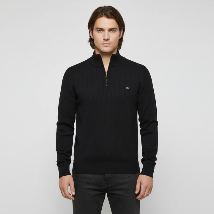 Close-up of the hem and cuff details on the men's knitted zip collar pullover, a comfortable mens top