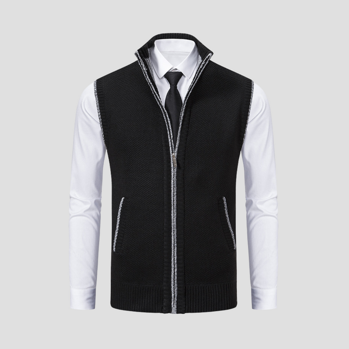Men's knitted zip gilet in classic navy, a versatile smart casual layering vest for everyday style and comfort.