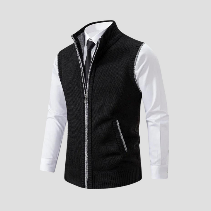 Casual men's knitted zip gilet paired with jeans, perfect for relaxed layering & everyday smart casual fashion.