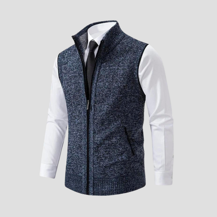 Back view of a men's versatile knitted zip gilet, highlighting its comfortable fit for smart casual layering & outerwear.