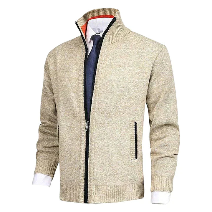 Close-up of the knitted texture on a men's zippered jacket, ideal for warm, stylish layering.