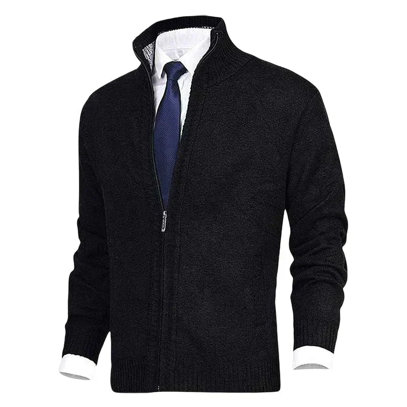 Full-zip men's knitted jacket, showcasing the durable zipper and comfortable, stylish design.