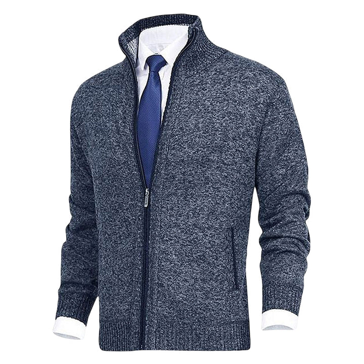 Comfortable men's knitted jacket with zipper, perfect for cozy fall & winter fashion layering.
