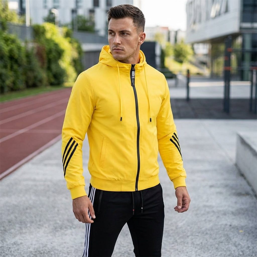 Men's Kyle performance athletic tracksuit in dark grey, complete with zip-up jacket and tapered pants.