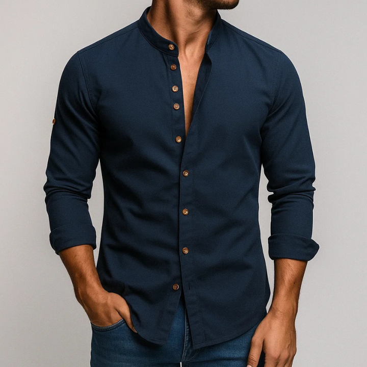 Men's Kyoto style tailored shirt with stand collar, long sleeves, and button-up front. Sophisticated men's fashion.